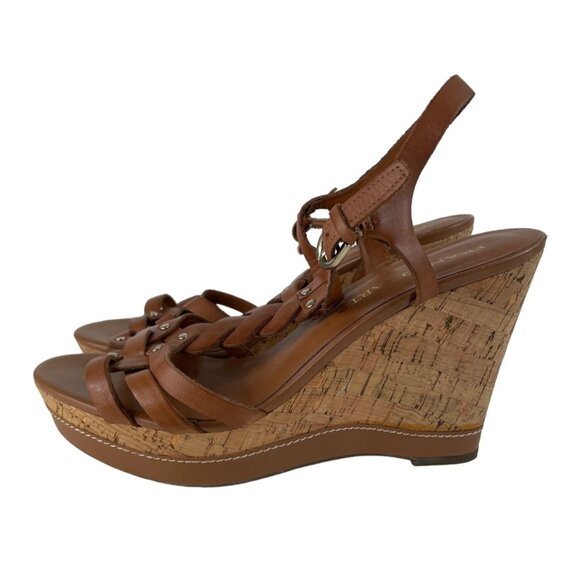 Franco Sarto Womens Size 8.5M Open Toe Platform Wedge Sandals Brown Leather - Picture 2 of 10